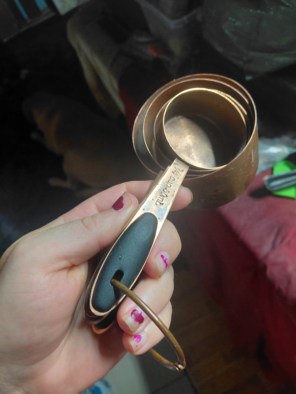 set of copper-plated stainless steel measuring cups